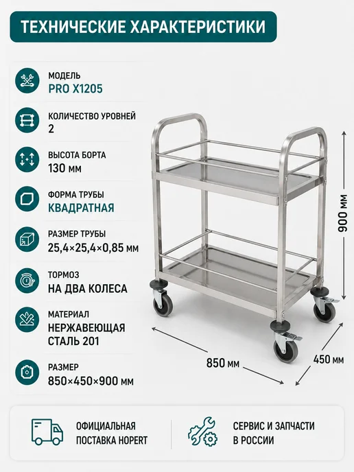 HOPERT Тележка сервировочная на колесиках PRO X1205 2 яруса, серый, фото 4