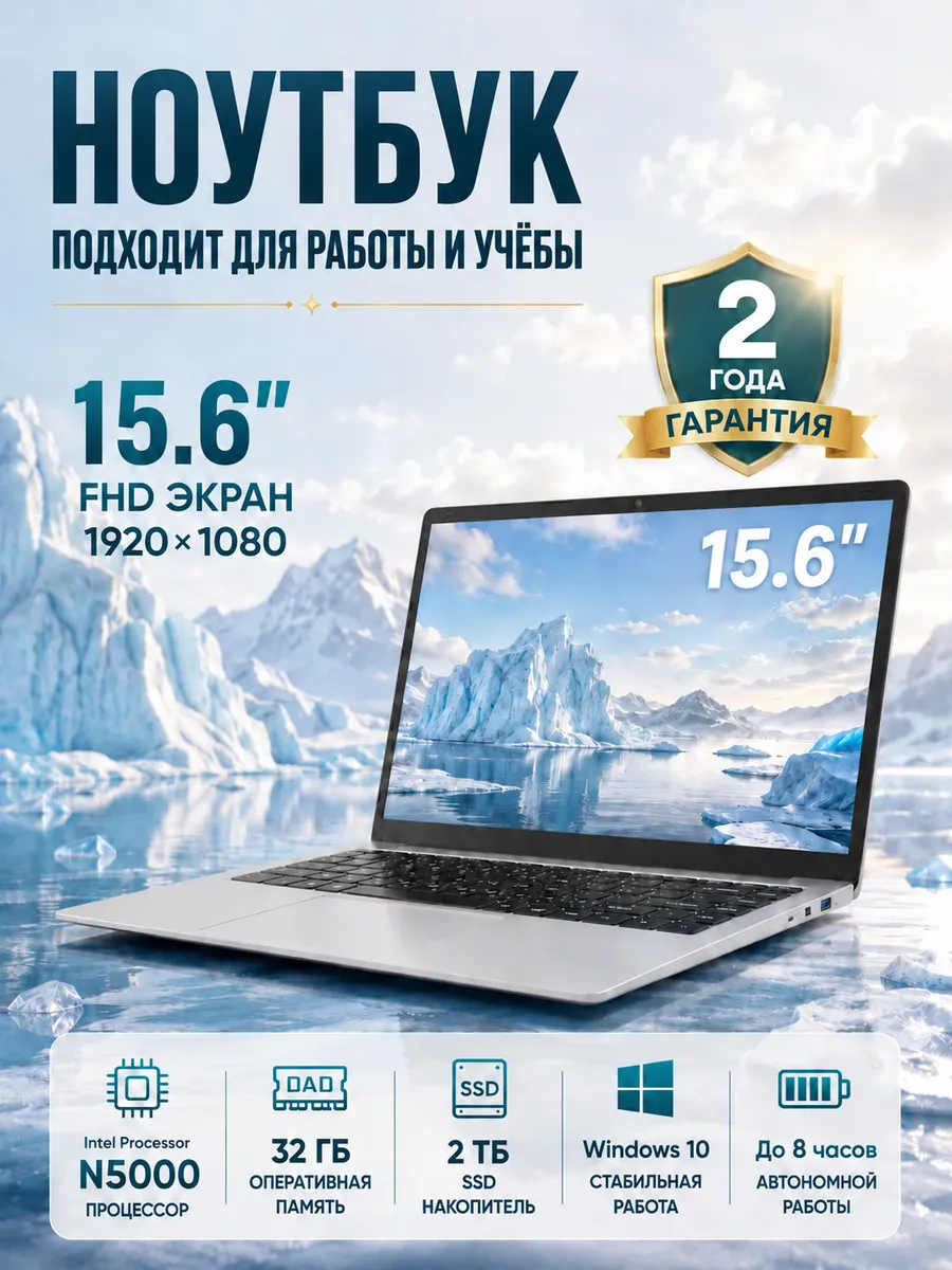 Ноутбук для работы и учебы 15.6" IPS 16ГБ 1024ГБ