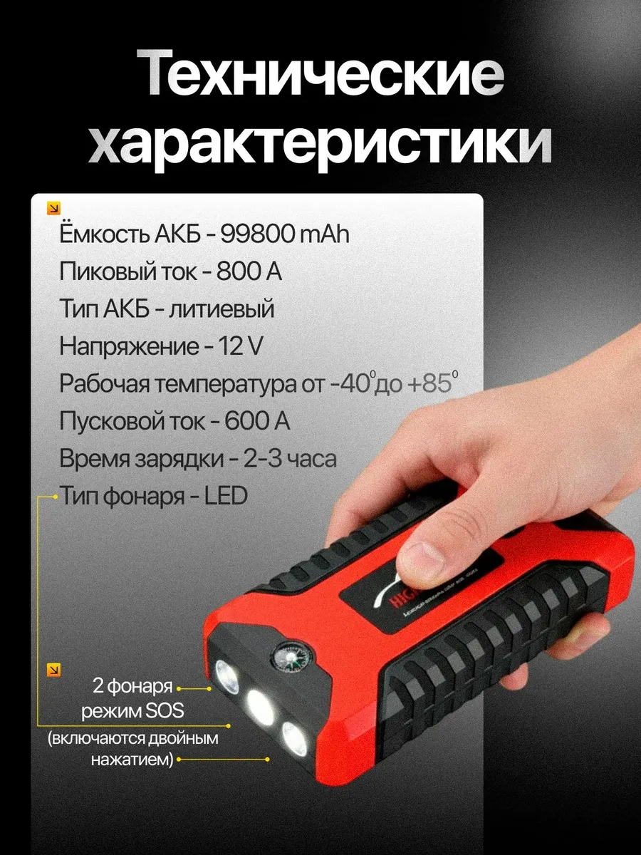Устройство пуско-зарядное бустер 99800 мАч 12V — фото 3