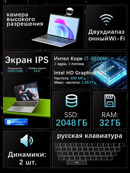 Ноутбук Core для игр и офисной работы RAM32 Гб SSD 2048ГБ, 32 ГБ, 2048 ГБ, фото 3