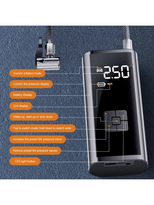 Маленький насос 150PSI для авто, USB зарядка, вариант, фото 6