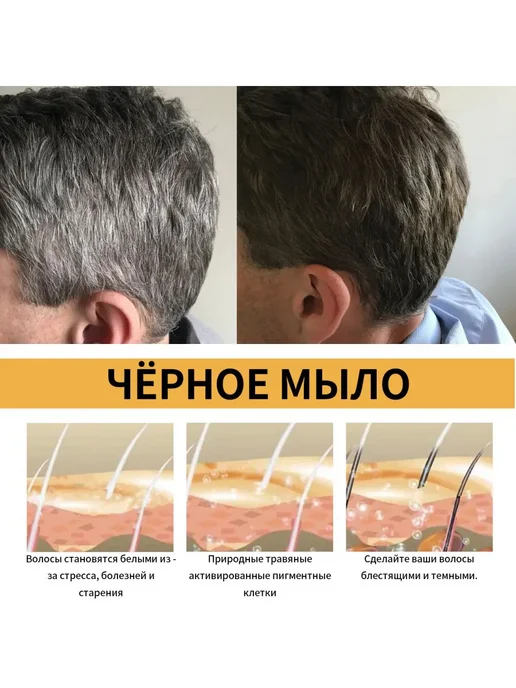 Мыло для роста волос черное с удаляет седой и серый оттенок, черный, фото 4