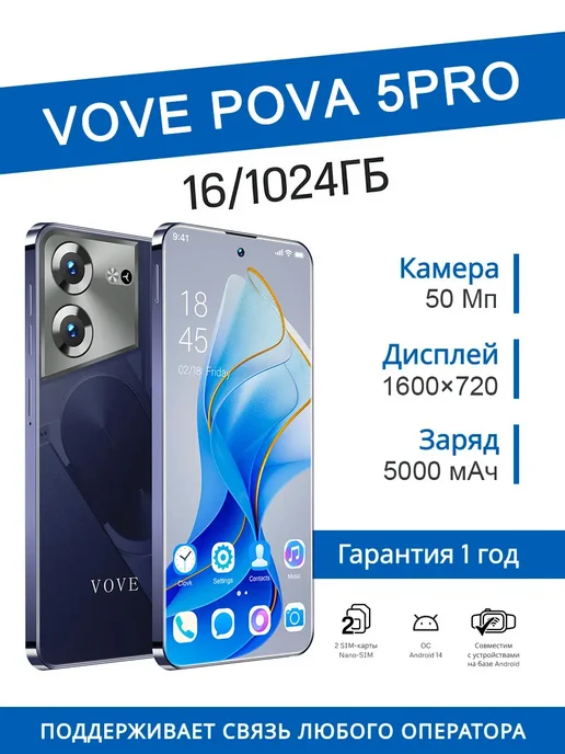 Смартфон VOVE Pova 5 Pro 1/1024 ГБ, синий
