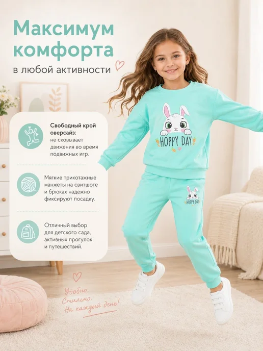 Amour kids Спортивный костюм для девочки трикотажный худи джоггеры, голубой, фото 3