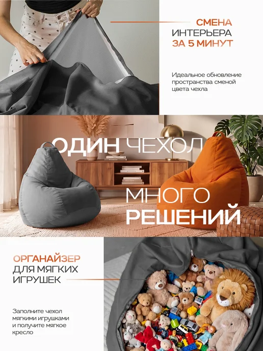 CoolBag Чехол на кресло мешок грушу внешний 4XL микровелюр сменный, серый, фото 4