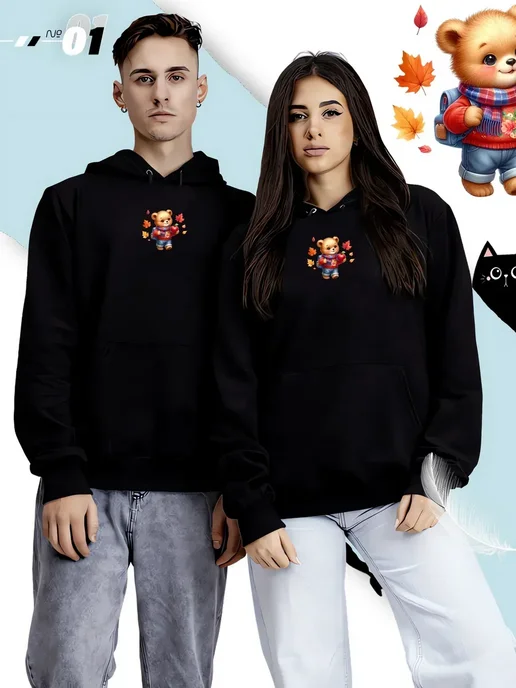 Худи с милым bear, яблоком и шарфом, черный, фото 5