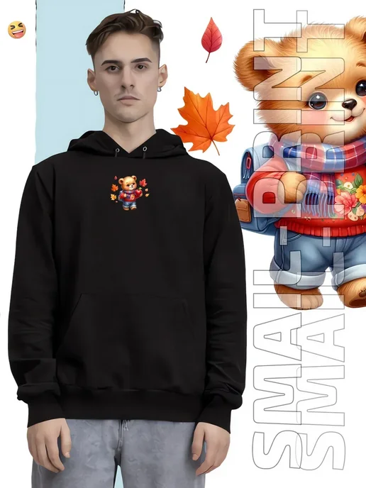 Худи с милым bear, яблоком и шарфом, черный, фото 9