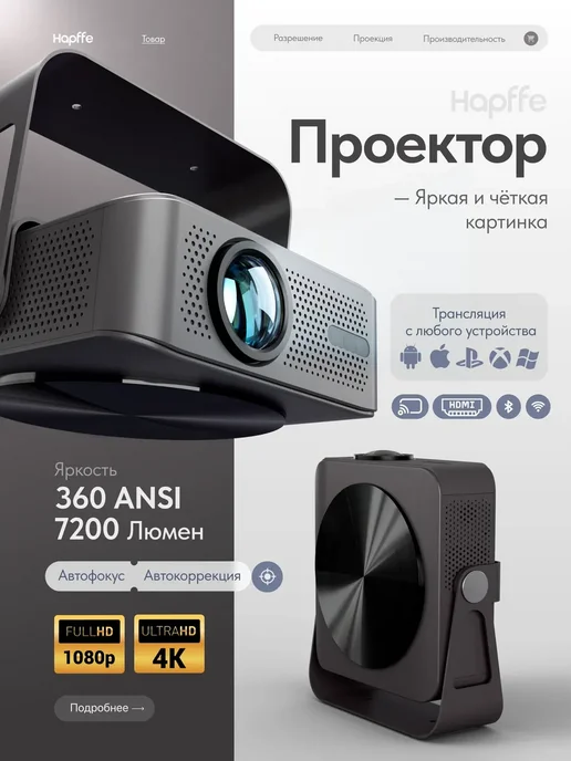 HAPFFE Проектор для фильмов на стену домашний кинотеатр, серый