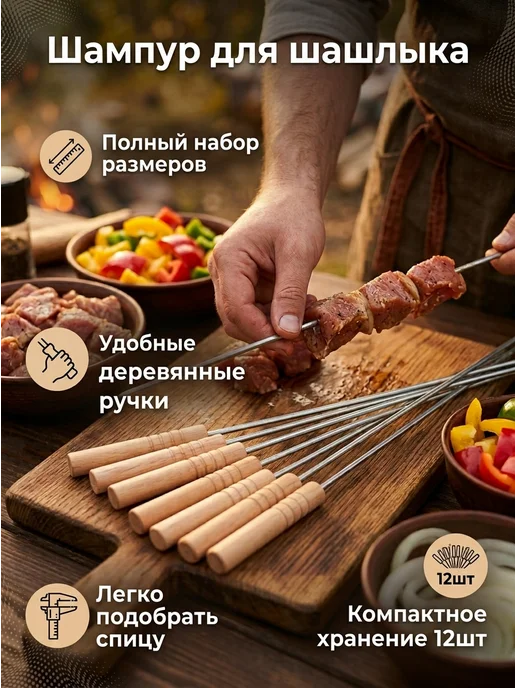 Шампуры для шашлыка с деревянной рукоятью 40 см, 12 шт