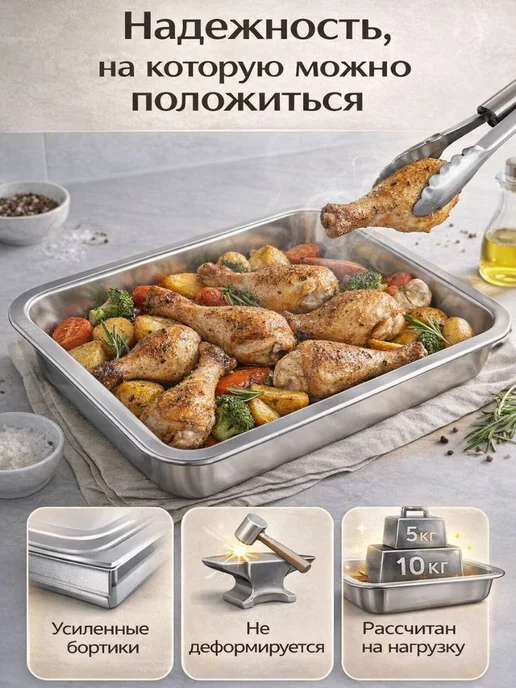 Противень из нержавеющей стали 32х22х4.8 см, 32x22x4.8 см, фото 3
