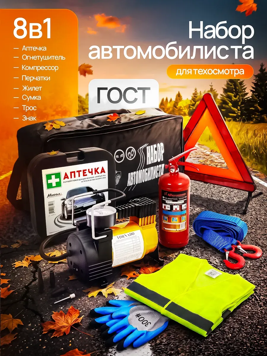 Набор автомобилиста с огнетушителем и аптечкой, компрессором — купить на Wildberries