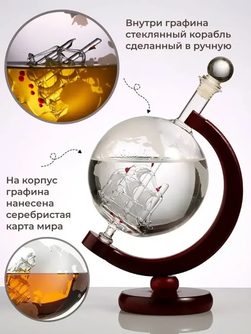 Графин глобус с кораблем для виски декантер подарочный, черный, фото 2