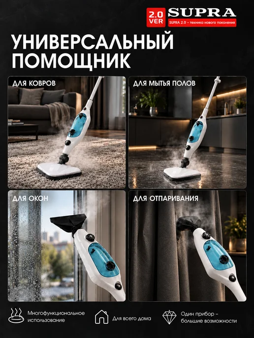 SUPRA Паровая швабра с насадками для пола, Электрошвабра, голубой, фото 2