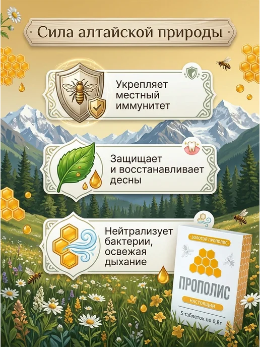АЛТАЙСКИЙ НЕКТАР Прополис пчелиный натуральный 5 таблеток по 08 г, 0,8 г, фото 2