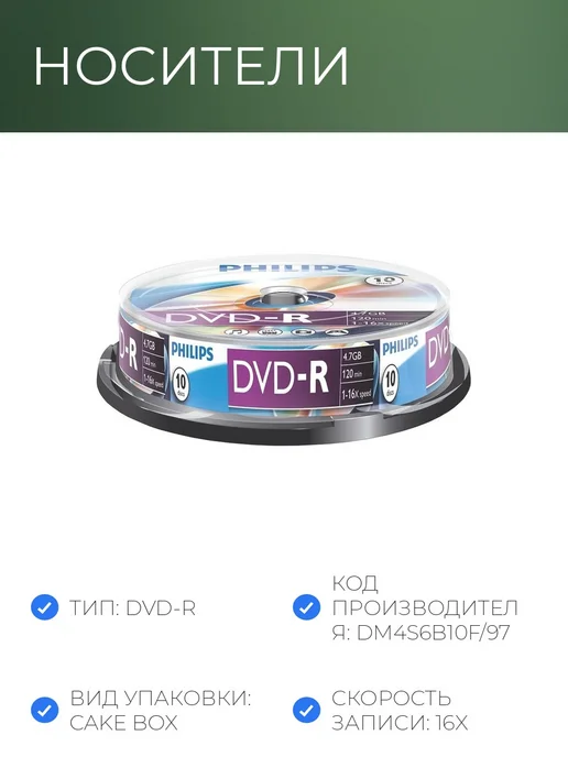 PHILIPS Диск DVD-R, 4,7 Гб, 16x, Cake Box, 10 шт, 60 шт