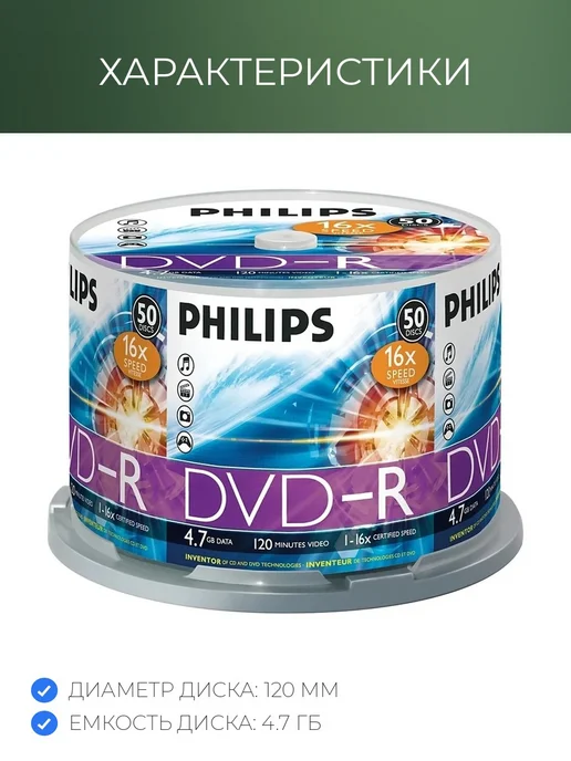 PHILIPS Диск DVD-R, 4,7 Гб, 16x, Cake Box, 10 шт, 50 шт, фото 2