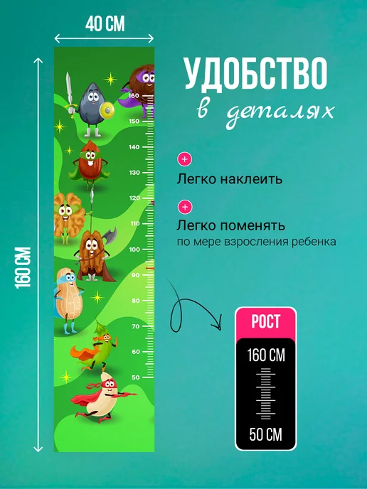 ArtyCo Детская наклейка ростомер на стену Супер герои 40х160 см, 40x160 см, фото 3