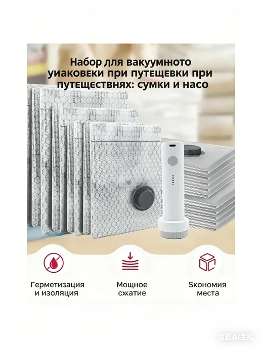 Вакуумные пакеты для одежды в поездки с электронасосом6 шт, 6 шт, фото 4