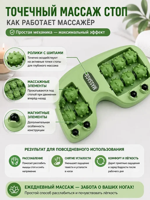 Гульнур_2 Массажер для ног роликовый механический акупунктурный для ст…, зеленый, фото 2