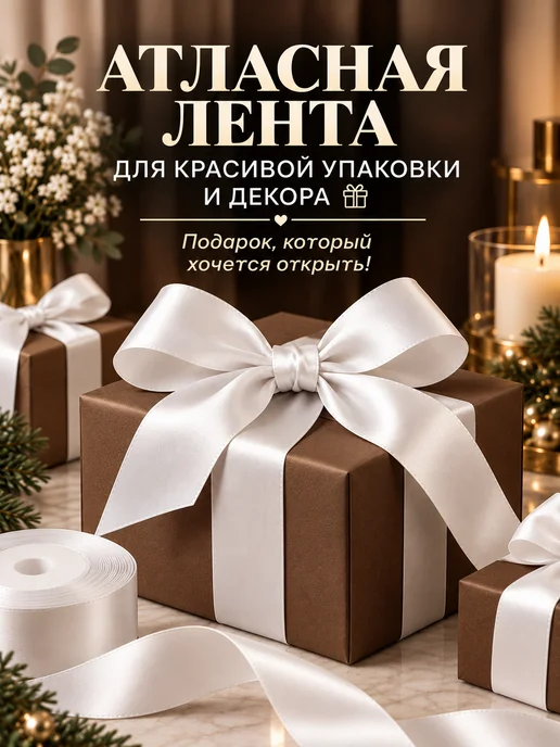 Лента атласная бордовая широкая для подарков 23м, белый