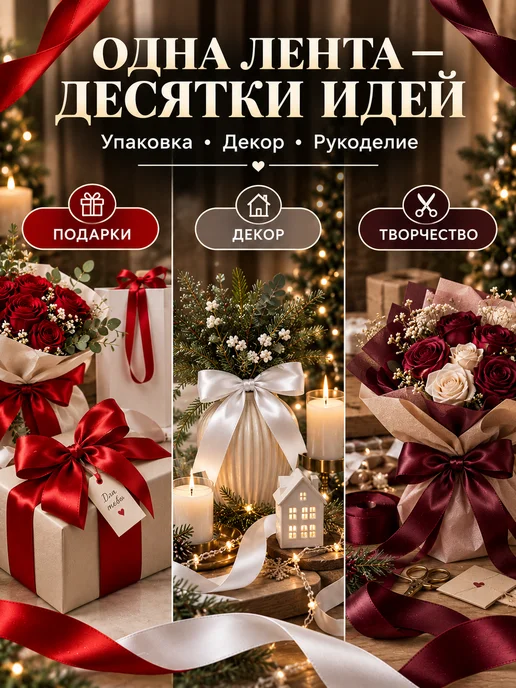 Лента атласная бордовая широкая для подарков 23м, белый, фото 2