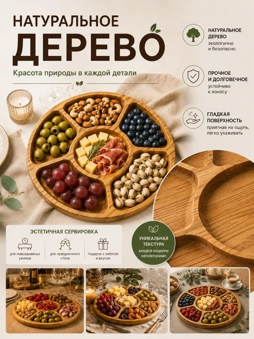 ТУМИКО1 менажница деревянная для закусок 25см круглая, коричневый, фото 2