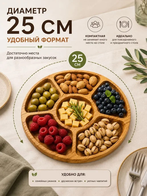 ТУМИКО1 менажница деревянная для закусок 25см круглая, коричневый, фото 3