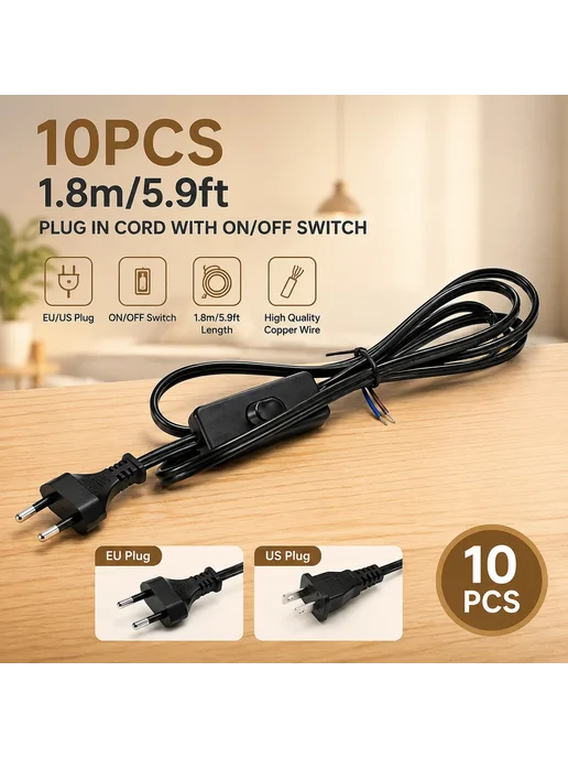 Нет бренда 10 шт. черные кабели с выключателем US Plug 1.8 м, 10 шт, 1,8 м, фото 2