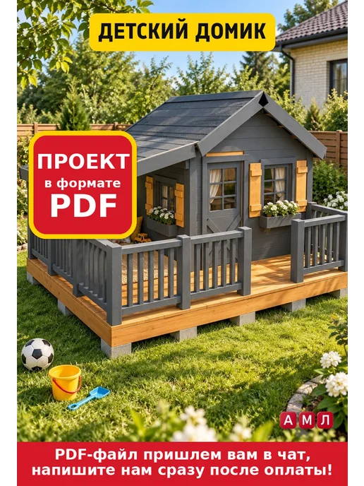 АМЛ Проект чертеж Детский деревянный домик с верандой для улицы, вариант
