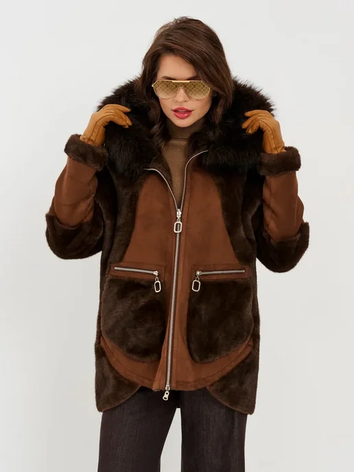 L2BS AURANOVA Дубленка двусторонняя зимняя с капюшоном, коричневый, фото 5