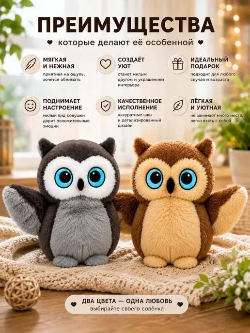 Мягкая игрушка Сова 25 см, коричневый, фото 2
