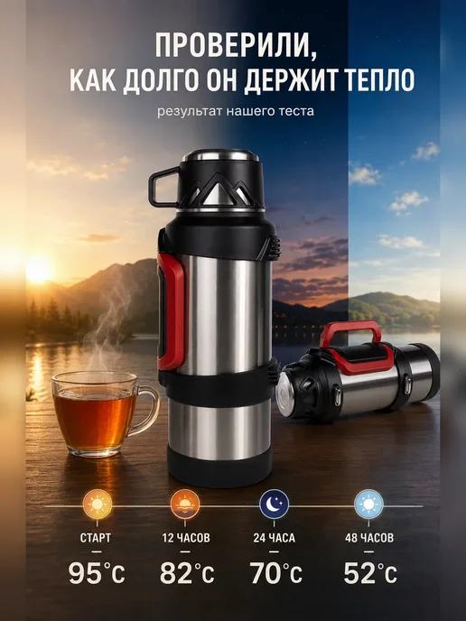 FesKa Термос 2 л для чая металлический с кружкой, 2 л, фото 2