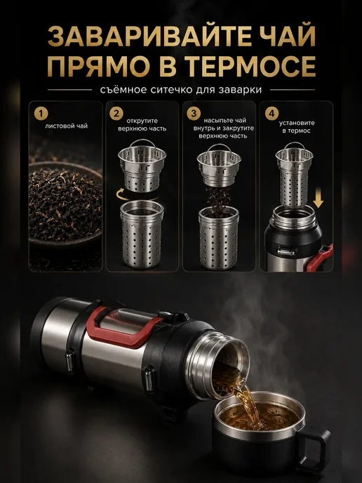 FesKa Термос 2 л для чая металлический с кружкой, 2 л, фото 5
