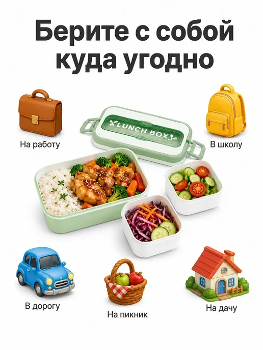 WELLKRON Ланч-бокс с отделениями и приборами, зеленый, фото 7