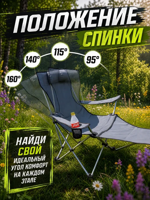 Кресло-лежак туристическое со спинкой. Стул складной, серый, фото 4