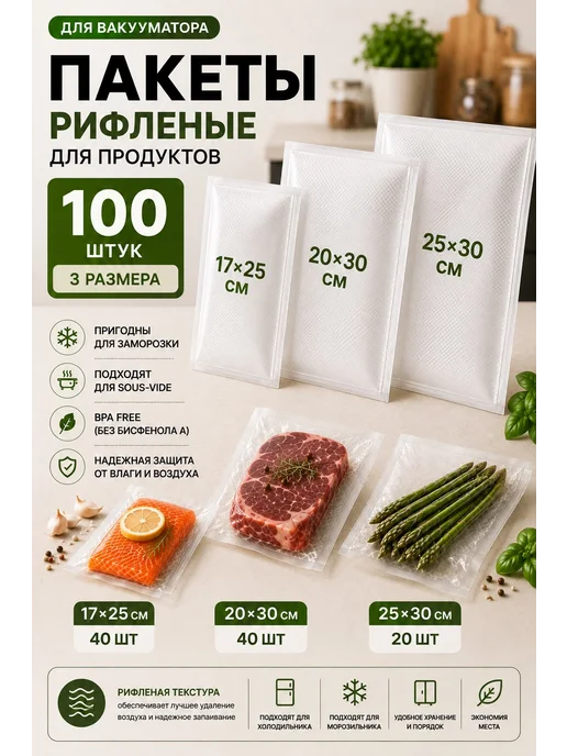 Пакеты для вакууматора рифленые 100 шт, 100 шт