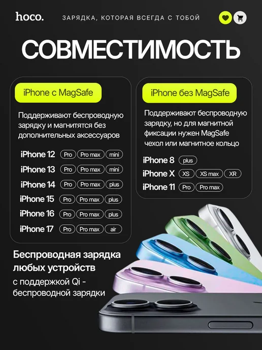 HOCO Повербанк для iphone для телефона MagSafe 10000 магнитный, черный, фото 5