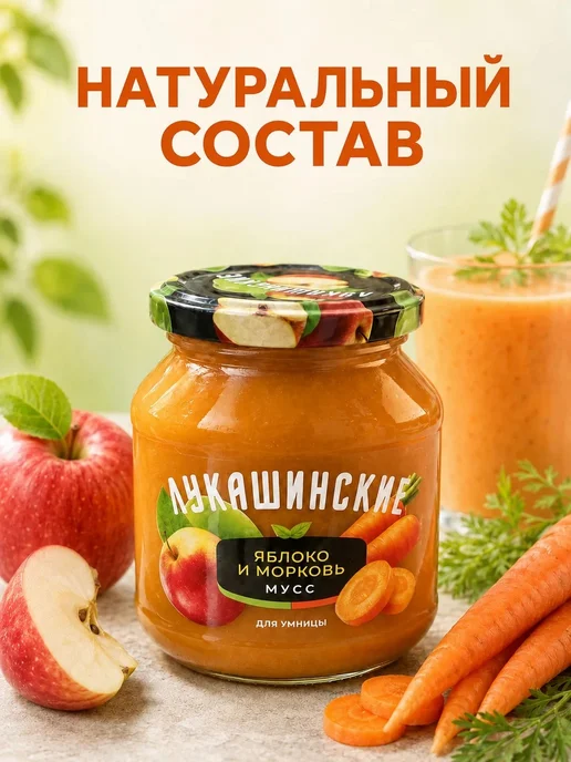 Лукашинские Мусс яблоко и морковь 3 шт 370 гр, 3 шт, 370 г, фото 2