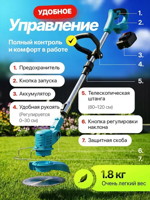 Садовый триммер мощный для травы аккумуляторный, вариант, фото 5