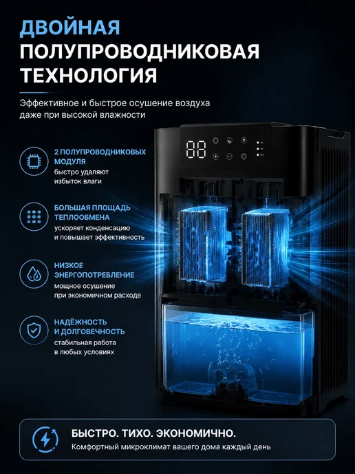 Осушитель воздуха 50 м² полупроводниковый 2.4 л, 50 м, 2,4 л, фото 2