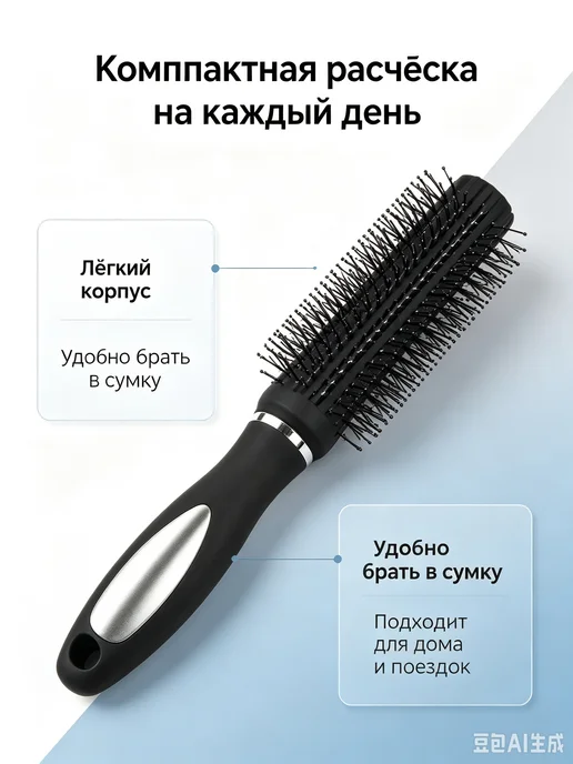 Круглая щетка‑брашинг для укладки волос, черная, черный, фото 2