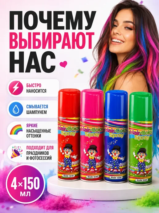 ТЕМА3 Спрей краска для волос детская смывающаяся 4 цвета, 4 цв., фото 5