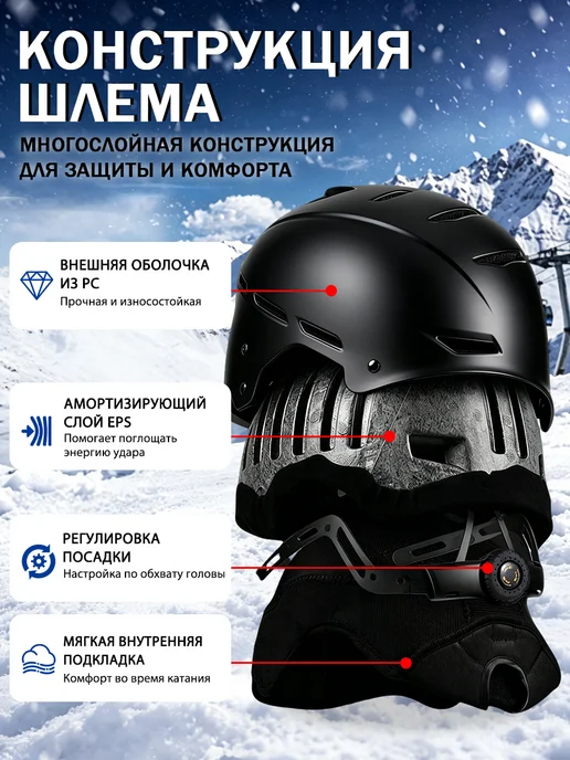 Черный спортивный шлем, экипировка для горных лыж, черный, фото 7