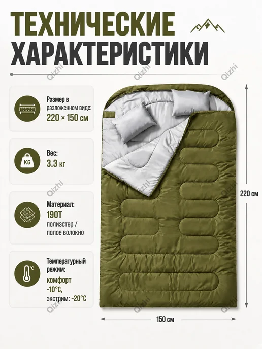 Спальный мешок двуспальный зимний -10°C, 220x150, 2 подушки, 220x150, фото 2