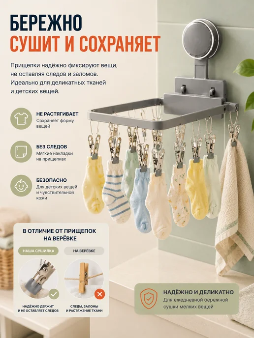 ЮЛАВИ Сушилка для белья складная на присоске 12 прищепок, серый, фото 4