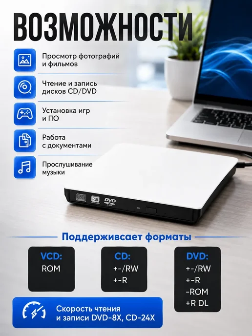 Внешний дисковод USB3.0 Type-C для ноутбука читает CD DVD, вариант, фото 3