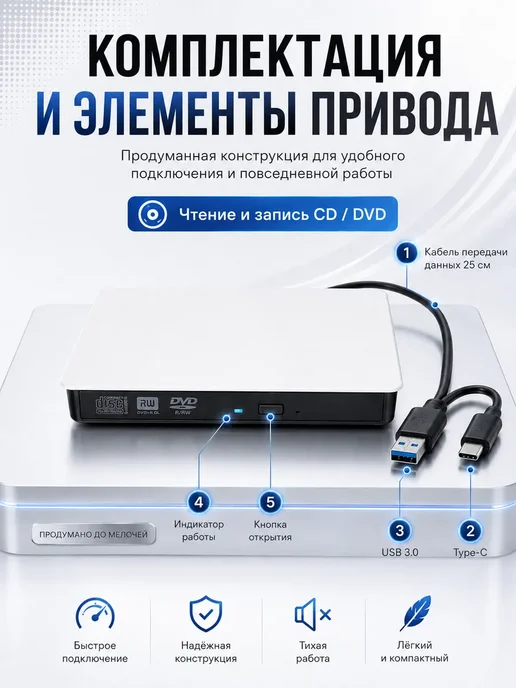 Внешний дисковод DVD-RW USB3.0 Type-C для ноутбука и ПК, вариант, фото 5