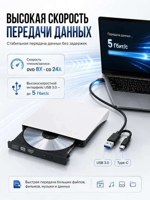 Внешний дисковод DVD-RW USB3.0 Type-C для ноутбука и ПК, вариант, фото 2
