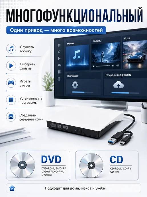 Внешний дисковод DVD-RW USB3.0 Type-C для ноутбука и ПК, вариант, фото 4
