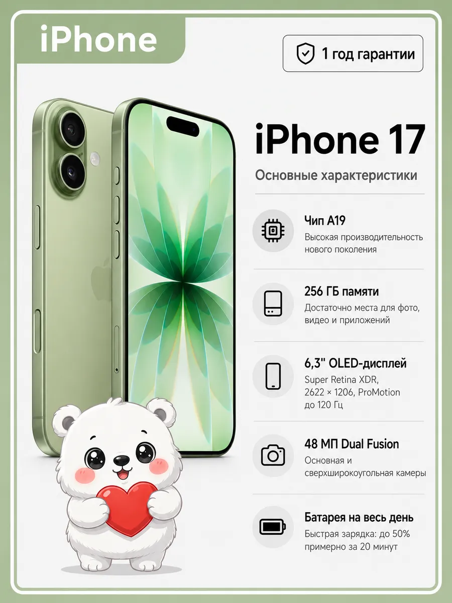 Смартфон iPhone 17, 256 ГБ, зеленый Apple 1463782240 купить за 86 071 ₽ в интернет‑магазине Wildberries